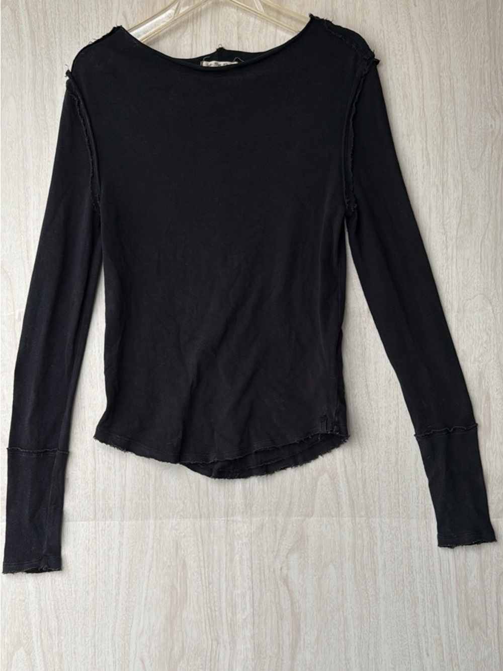We The Free Black Raw-Edge Long Sleeve Crewneck Top
